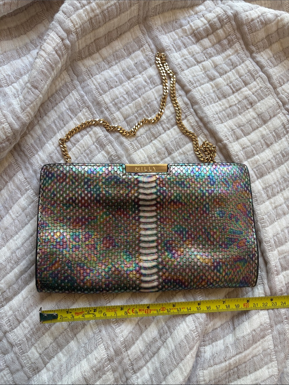 Milly Iridescent Snake-Embossed Chain Shoulder Bag - Gold Chain